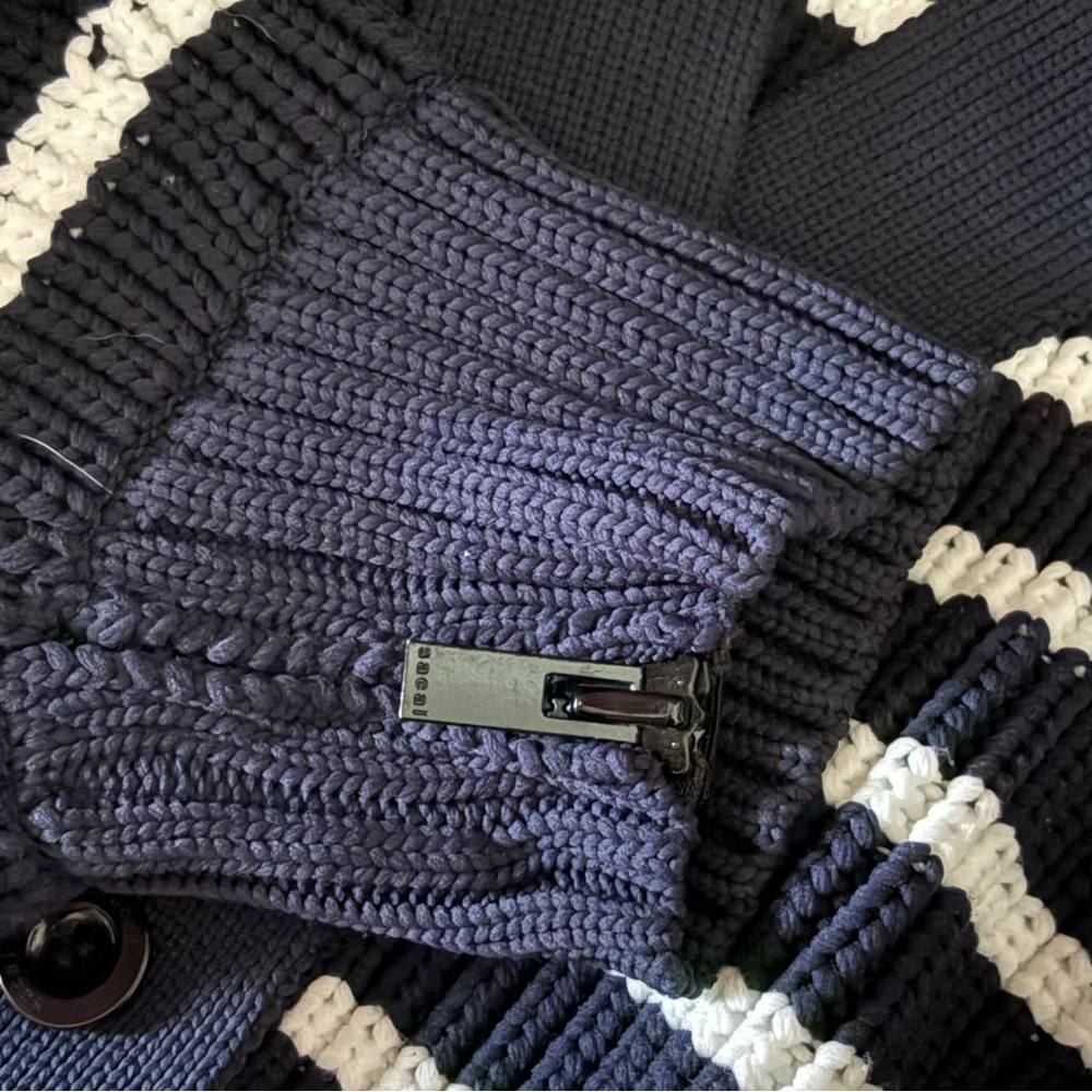 SACAI sz 1 S Thick Knit Horizontal Stripe Cardigan Sweater Navy Blue White - Picture 9 of 16